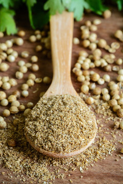 Coriander powder, Aromatic ingredients on rustic wooden table