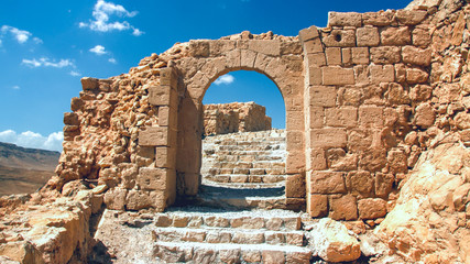 Shattered the gateway to the ruins of the fortress of Masada in Israel