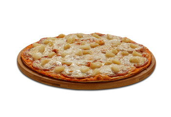 Hawai pizza with ananas and chicken fillet.On white background