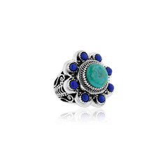 Beautiful Turquoise and Lapis Flower Ring in Sterling Silver