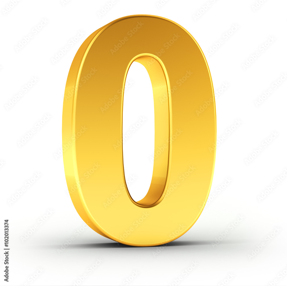 Poster the number zero as a polished golden object with clipping path