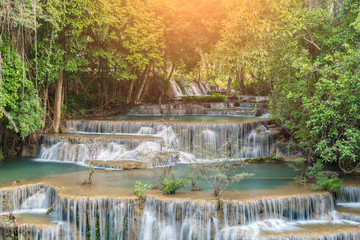 Fototapeta na wymiar Deep forest waterfall, Huay Mae Kamin waterfall in Kanchanaburi, Thailand