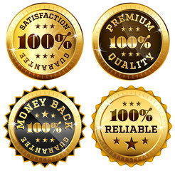 Set of 4 business seals in gold and black - 100% satisfaction guarantee, Money back, Premium quality and reliability labels