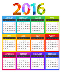 2016 year color calendar template. Flat design template