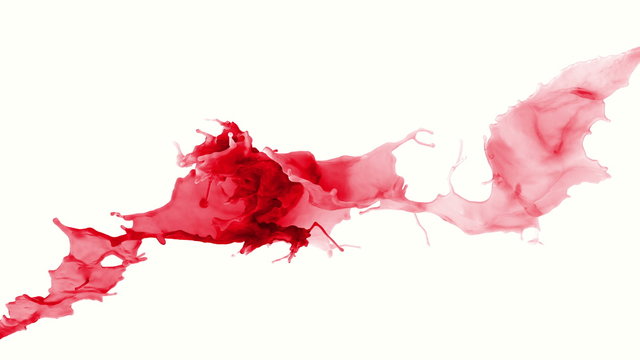 4k two blood, wine or red paint throws colliding in slow motion forming beautiful high-detailed liquid splash isolated on white with alpha (uhd 3840x2160, ultra high definition, 1920x1080, 1080p)