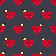 Happy Valentine's Day background. Seamless pattern with smiling sleeping hearts for Valentine's Day. Cute red hearts with crowns vector background.