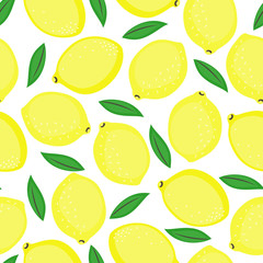 Seamless background with yellow lemons and green leaves. Cute vector lemon pattern. Summer fruit illustration on white background.