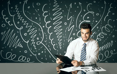 Businessman with curly lines and arrows