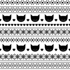 Black and white seamless pattern with cats for kids holidays. Scandinavian sweater style. Christmas decorations. Cute background for winter holidays. Xmas traditional ornamental pattern.