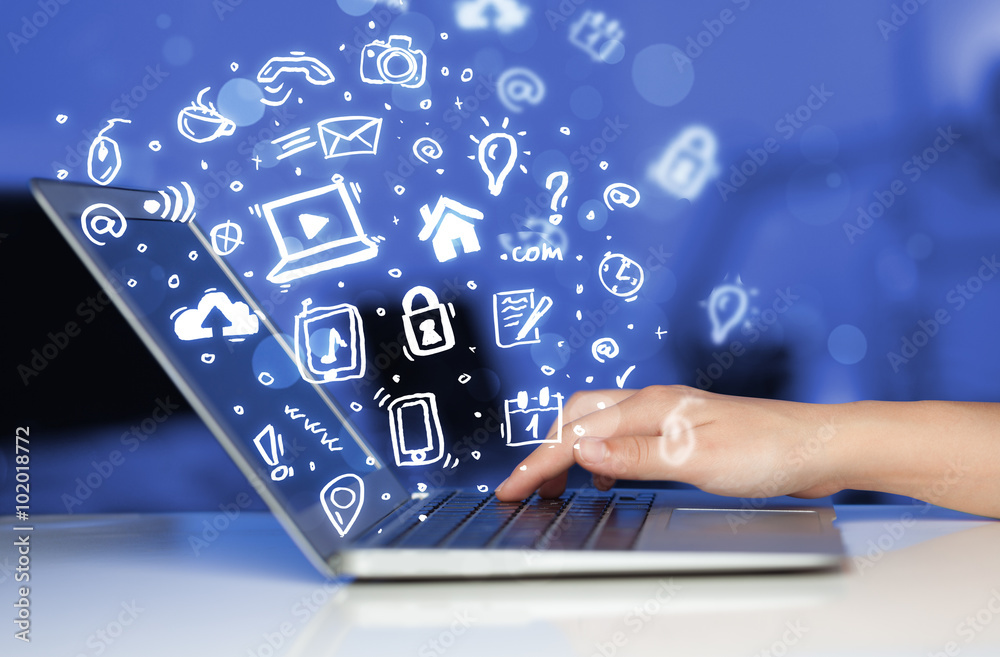 Poster Hand writing on notebook computer with media icons and symbols