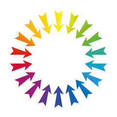 Arrows showing to center - rainbow colored - isolated vector illustration on white background.