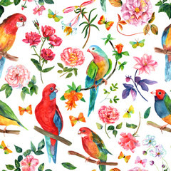 Motif de fond sans couture de style vintage avec des oiseaux, des roses et des papillons