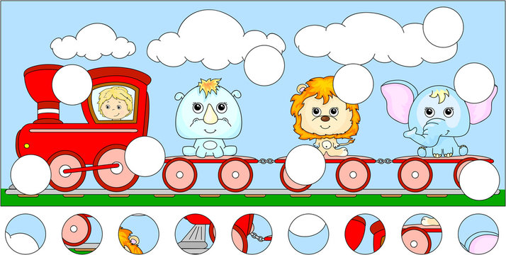 Funny cartoon train with lion, elephant and rhino. Complete the