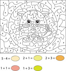 Cartoon cat. Color by number educational game for kids. Vector i