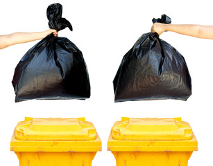 Close up Hand holding a garbage bag on white background