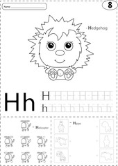 Cartoon hedgehog, helicopter and hippo. Alphabet tracing workshe