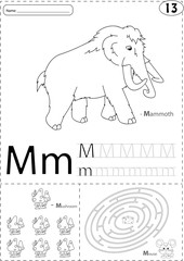 Cartoon mammoth, mushroom and mouse. Alphabet tracing worksheet: