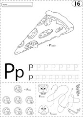 Cartoon pizza, panda and penguin. Alphabet tracing worksheet: wr