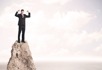 Happy businessman standing on cliff