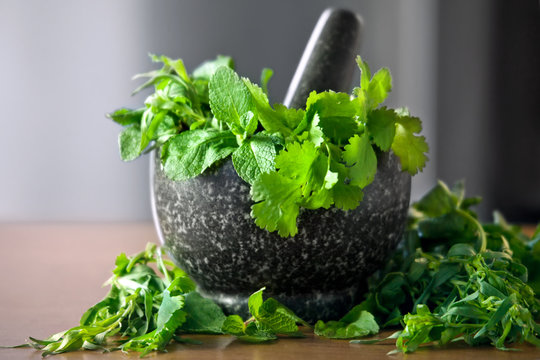 Leaves of herbs in a granite mortar with pestle
