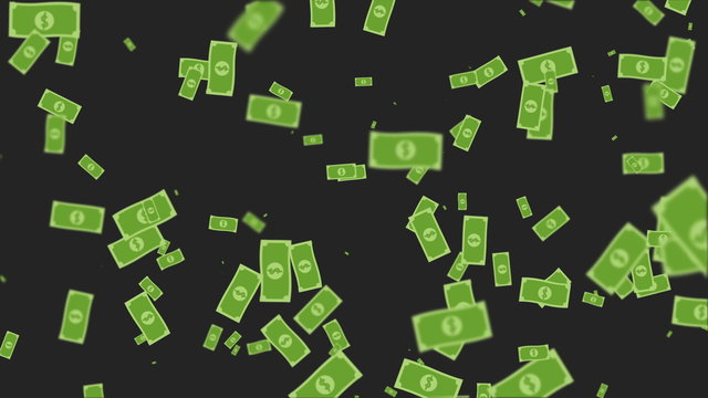 Flying cartoon money in slow motion. Isolated over black Background