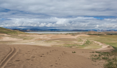Landscape with lake, sands and clouds in Tibet, China