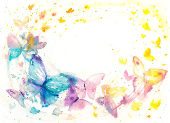 Obraz na płótnie Canvas Beautiful watercolor butterfly on white paper background.