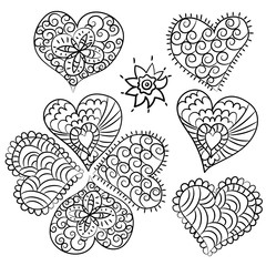 Cute heart Valentin doodle set.Vector hand drawn illustration.Coloring book, greeting card, tattoo.