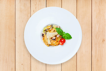 Traditional italian seafood pasta with calamari and mussel