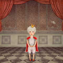 Illustration of a cute  child - prince standing
 in  a vintage  room