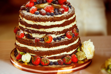 Closeup image of tasty decorated  chocolate wedding cake 
