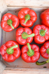 Group of fresh red peppers in a supermarket