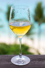 Glass of white wine on balcony rail
