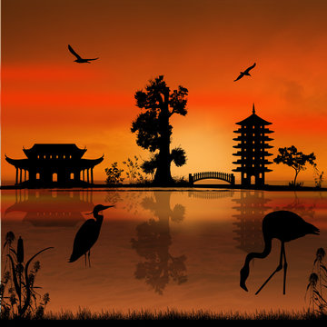 Beautiful asian landscape near water on sunset, vector illustration