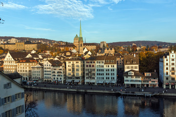 Fototapeta na wymiar Panorama of city of Zurich and Limmat River, Switzerland