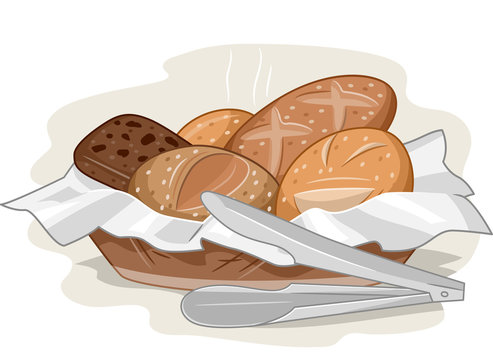 bread basket with tongs, fresh baked goods clip art preview