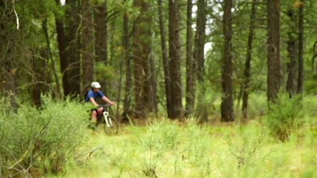 Female cyclist rides through forest 