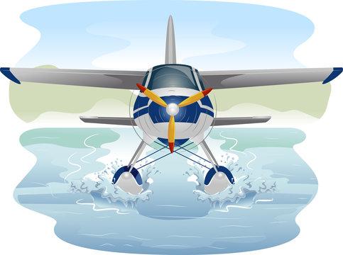 blue seaplane splashing water, front view clip art preview