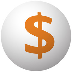 Orange Dollar icon on sphere isolated on white background