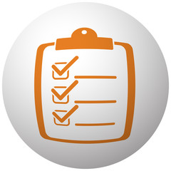 Orange Clipboard Checklist icon on sphere isolated on white back