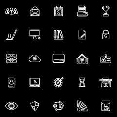 Business management line icons on black background