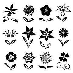 Flower icon set. Black cutout silhouettes on white background.  Isolated symbols of flowers and leaves. Vector - 102038914