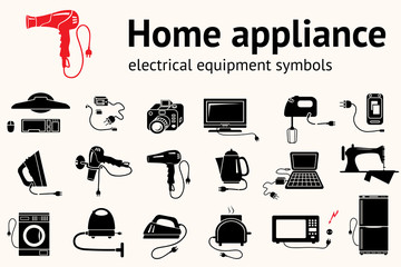 Electrical appliance with plug, equipment icon set. Hairdryer, iron, mixer, cleaner, microwave, sewing machine, toaster, computer, camera, cooler, symbols. Vector