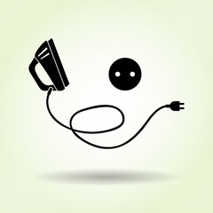 Iron icon. Black sign with shadow on light green background. Electric appliance for dress smoothing symbol. Vector