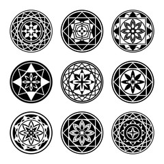 Mandala elements, tattoo icon set. Star, floral stylized ornament. Black round signs. Harmony, luck, infinity symbol. Vector