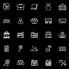 Mortgage and home loan line icons on black background