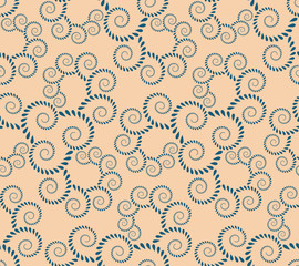 Spiral seamless lace pattern. Abstract twirl figures of laurel leaves texture. Blue, yellow contrast colored background. Vector 