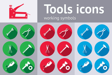 Tools icons set. Glue pliers stapler hammer, wrench key, screw bolt, nut scissors. Repair fix symbols. Round signs with long shadow. Vector