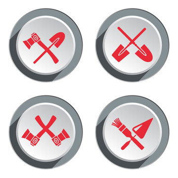 Tools icons set. Axe hache pallet spattle shovel spade brush. Work toil fix guard building symbol. Red sign on round button with shadow. Vector
