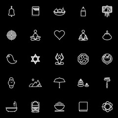 Zen society line icons on black background